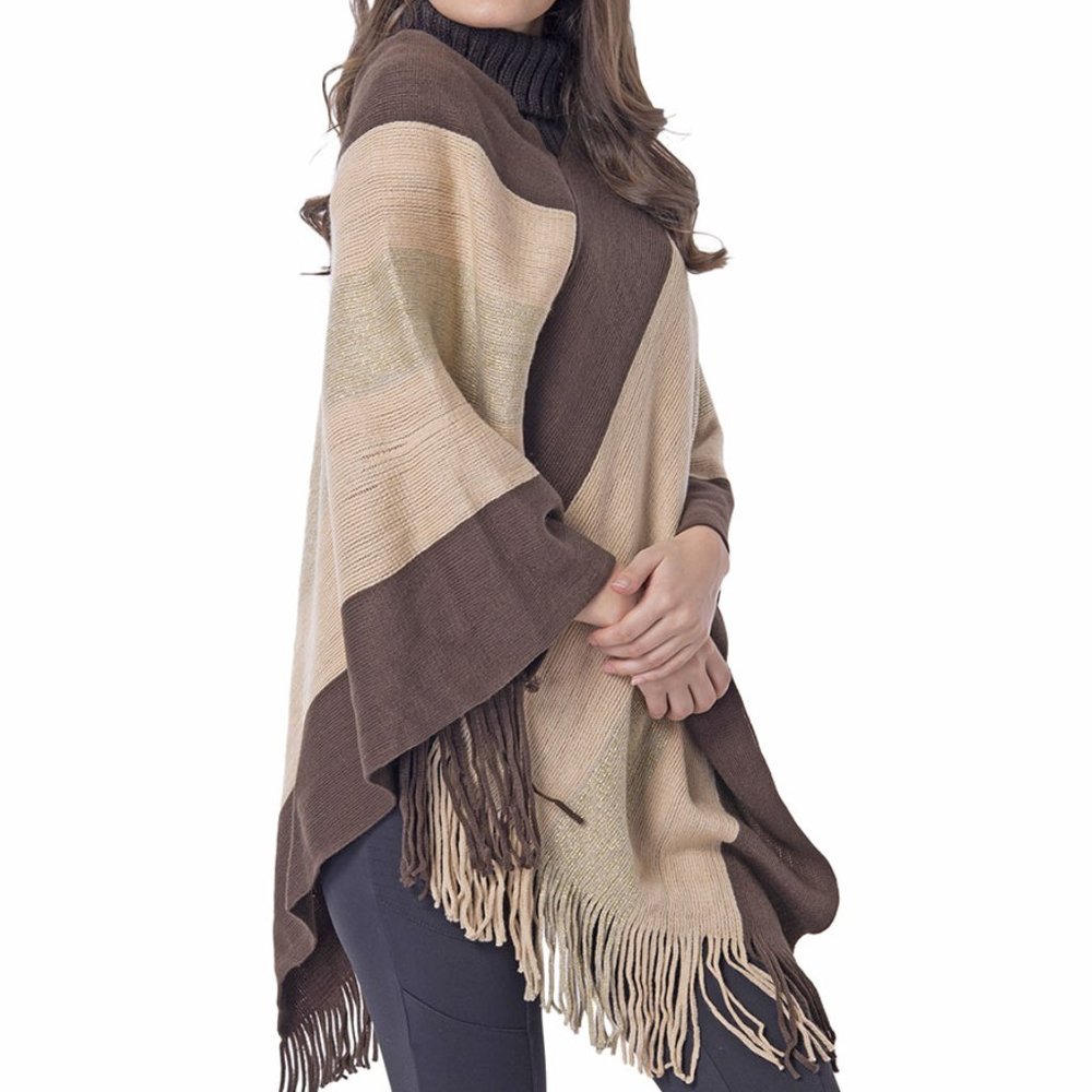 Brown and Kaki V-Neck Striped Poncho